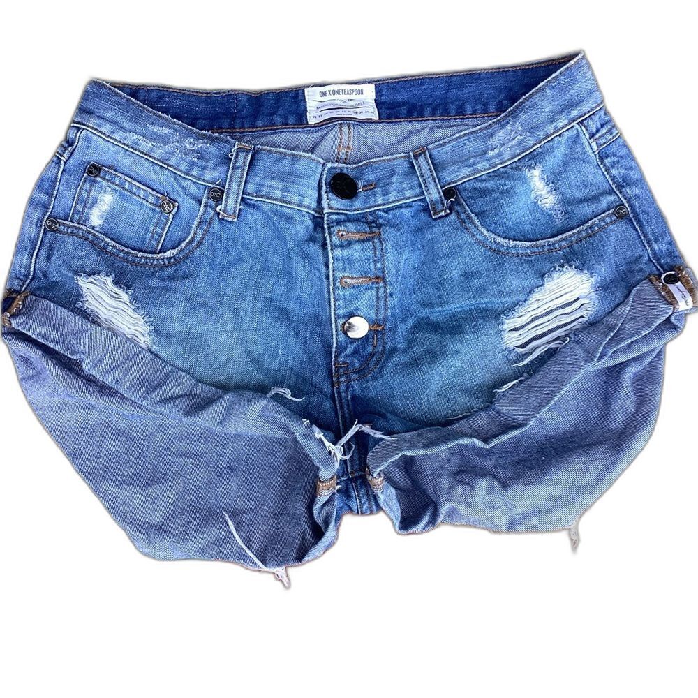 One Teaspoon Free People Blue Distressed Long Rise Denim Cutoff Shorts Size 29